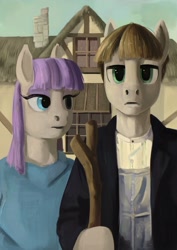 Size: 2897x4096 | Tagged: safe, artist:toisanemoif, maud pie, mudbriar, anthro, american gothic, clothes, female, fine art parody, male, maudbriar, shipping, straight