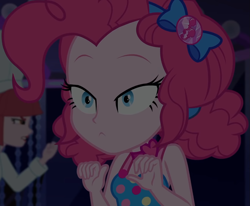 Size: 1311x1080 | Tagged: safe, screencap, pinkie pie, better together, equestria girls, spring breakdown, bow, choker, clothes, cropped, cruise, cruise outfit, cruise ship, curly hair, cute, dark, dark background, diapinkes, female, geode of sugar bombs, hair bow, heart, jewelry, lidded eyes, magical geodes, raised eyebrows, sleeveless, solo focus, spring break, yacht