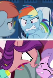 Size: 1105x1618 | Tagged: safe, derpibooru import, edit, screencap, diamond tiara, rainbow dash, spoiled rich, windy whistles, earth pony, pegasus, pony, crusaders of the lost mark, parental glideance, angry, comparison, eyes closed, female, filly, lip bite, mare, yelling