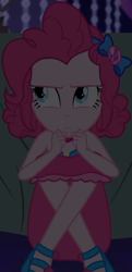Size: 512x1060 | Tagged: safe, screencap, pinkie pie, better together, equestria girls, spring breakdown, ankles, annoyed, bow, choker, clothes, cropped, cruise, cruise outfit, cruise ship, curly hair, cute, dark, dark background, diapinkes, female, geode of sugar bombs, hair bow, hiding, jewelry, looking up, magical geodes, sandals, skirt, sleeveless, solo, spring break, table, yacht