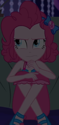 Size: 510x1077 | Tagged: safe, screencap, pinkie pie, better together, equestria girls, spring breakdown, annoyed, bow, choker, clothes, cropped, cruise, cruise outfit, cruise ship, curly hair, cute, dark, dark background, diapinkes, female, geode of sugar bombs, hair bow, jewelry, looking up, magical geodes, sandals, sitting, skirt, sleeveless, solo, spring break, table, yacht