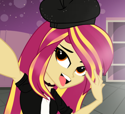 Size: 1482x1360 | Tagged: safe, artist:galacticflashd, oc, oc only, oc:styler selvano, equestria girls, bedroom, beret, choker, clothes, cupboard, female, hat, not sunset shimmer, open mouth, pose, selfie, solo, tongue out