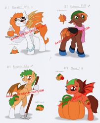 Size: 1577x1948 | Tagged: safe, artist:ravenpuff, oc, oc only, oc:autumn fall, oc:harvest, oc:pumpkin patch, oc:pumpkin spice, bat pony, pony, apron, bat pony oc, bat wings, bipedal, clothes, coffee, female, floppy ears, freckles, hat, hoe, hoof hold, male, mare, naked apron, pumpkin, scarf, socks (coat marking), stallion, tray, wings