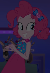 Size: 710x1029 | Tagged: safe, screencap, pinkie pie, better together, equestria girls, spring breakdown, bow, choker, clothes, cropped, cruise, cruise outfit, cruise ship, curly hair, cute, dark, dark background, dessert, diapinkes, female, geode of sugar bombs, hair bow, heart, jewelry, magical geodes, midriff, skirt, sleeveless, smiling, solo, spring break, table, yacht