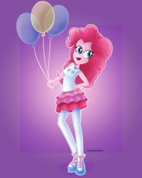 Size: 1600x2000 | Tagged: safe, artist:underratedhero, derpibooru import, pinkie pie, equestria girls, balloon, clothes, cute, diapinkes, female, hand on hip, happy, miniskirt, simple background, skirt, solo