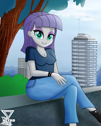 Size: 2000x2500 | Tagged: safe, artist:theretroart88, maud pie, equestria girls, breasts, city, cityscape, cleavage, clothes, crossed legs, cute, female, jeans, maudabetes, pants, skyscraper, smiling, solo, tree, when she smiles