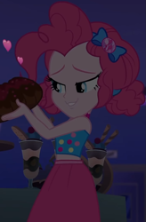 Size: 691x1054 | Tagged: safe, screencap, pinkie pie, equestria girls, equestria girls series, spring breakdown, bow, cake, choker, clothes, cropped, cruise, cruise outfit, cruise ship, curly hair, cute, dark, dark background, dessert, diapinkes, female, food, geode of sugar bombs, hair bow, heart, holding, jewelry, lidded eyes, magical geodes, midriff, skirt, sleeveless, smiling, spring break, table, yacht