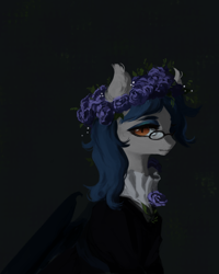 Size: 6000x7500 | Tagged: safe, artist:astroid, derpibooru import, oc, oc only, oc:midnight measure, bat pony, bust, commission, ear fluff, flower, flower in hair, glasses, looking at you, portrait, rose, rule 63, smiling, wreath, ych result