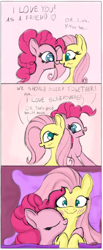 Size: 946x2301 | Tagged: safe, artist:nuxersopus, derpibooru import, fluttershy, pinkie pie, earth pony, pegasus, pony, bed, blushing, comic, female, flutterpie, lesbian, pillow, shipping, sleeping together, smiling, wavy mouth