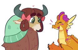 Size: 1280x816 | Tagged: safe, artist:goatpaste, smolder, yona, dragon, yak, blushing, cute, female, heart, heart eyes, laughing, lesbian, redesign, shipping, smolderbetes, wingding eyes, yonadorable, yonder