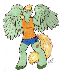 Size: 854x1000 | Tagged: safe, artist:toxi de vyne, derpibooru import, oc, oc only, oc:mark wells, anthro, pegasus, unguligrade anthro, fanfic:off the mark, bandaid, blushing, clothes, commission, digital art, male, shrug, signature, simple background, smiling, solo, spread wings, tail, unshorn fetlocks, white background, wings