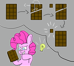 Size: 1800x1600 | Tagged: safe, artist:zeronixma, derpibooru exclusive, derpibooru import, pinkie pie, earth pony, pony, atg 2020, chocolate, female, food, idea, light bulb, mare, newbie artist training grounds, troll physics