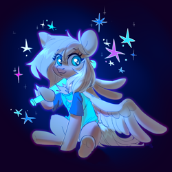 Size: 3000x3000 | Tagged: safe, artist:sugarstar, oc, oc only, oc:mirta whoowlms, pegasus, pony, baseball bat, clothes, crossover, female, looking at you, mare, neon, night in the woods, rcf community, shirt, sitting, smiling, spread wings, starry eyes, stars, t-shirt, wingding eyes, wings