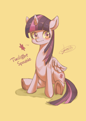 Size: 2479x3508 | Tagged: safe, artist:jatewg, twilight sparkle, twilight sparkle (alicorn), alicorn, pony, blushing, cute, cutie mark, female, folded wings, high res, mare, simple background, sitting, solo, twiabetes, underhoof, wavy mouth, wings, yellow background