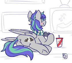 Size: 3013x2628 | Tagged: safe, artist:ruef, oc, oc only, oc:storm feather, blushing, clothes, controller, gaming, male, scarf, soda, stallion