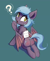 Size: 3356x4096 | Tagged: safe, artist:taneysha, oc, oc only, oc:little mine, bat pony, pony, bat pony oc, bat wings, butt, confused, freckles, kick me, plot, question mark, sign, solo, underhoof, wings