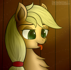 Size: 2196x2160 | Tagged: safe, alternate version, artist:darbedarmoc, derpibooru import, applejack, earth pony, pony, barn, bust, chest fluff, cute, eyes on the prize, eyeshadow, female, jackabetes, makeup, mare, solo, sun, tongue out