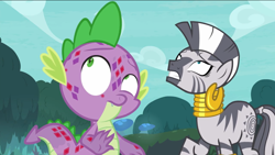 Size: 1136x640 | Tagged: safe, derpibooru import, screencap, spike, zecora, dragon, zebra, molt down