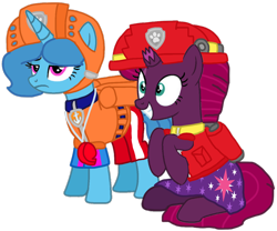 Size: 1184x984 | Tagged: safe, artist:徐詩珮, fizzlepop berrytwist, spring rain, tempest shadow, series:sprglitemplight diary, series:sprglitemplight life jacket days, series:springshadowdrops diary, series:springshadowdrops life jacket days, alternate universe, base used, clothes, female, lesbian, lifeguard, lifeguard spring rain, marshall (paw patrol), paw patrol, shipping, simple background, spring rain is not amused, springshadow, transparent background, unamused, zuma (paw patrol)