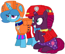 Size: 1178x987 | Tagged: safe, artist:徐詩珮, fizzlepop berrytwist, spring rain, tempest shadow, series:sprglitemplight diary, series:sprglitemplight life jacket days, series:springshadowdrops diary, series:springshadowdrops life jacket days, alternate universe, base used, clothes, female, lesbian, lifeguard, lifeguard spring rain, marshall (paw patrol), paw patrol, shipping, simple background, spring rain is not amused, springshadow, transparent background, unamused, zuma (paw patrol)