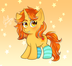 Size: 2500x2300 | Tagged: safe, artist:acidgummy, oc, oc only, oc:cinderheart, pony, unicorn, blushing, clothes, commission, ear fluff, female, looking at you, mare, short, simple background, socks, solo, striped socks, ych result