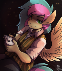 Size: 1042x1200 | Tagged: safe, artist:foxinshadow, oc, oc only, anthro, pegasus, black background, clothes, controller, male, signature, simple background, smiling, solo