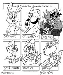 Size: 2567x3060 | Tagged: safe, artist:heropoop1996, spike, anthro, dragon, human, rabbit, animal, clothes, crossover, endeavor, grin, hat, hooktail, jontron, judy hopps, lineart, male, monochrome, my hero academia, out of frame, paper mario: the thousand year door, six fanarts, smiling, sylvia, thumbs up, wander over yonder, zootopia