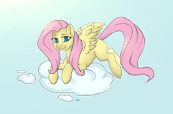 Size: 1594x1053 | Tagged: safe, artist:haruhi-il, derpibooru import, fluttershy, pegasus, pony, cloud, cute, female, looking at you, mare, missing cutie mark, on a cloud, smiling, solo, spread wings, three quarter view, wings