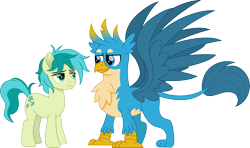 Size: 2529x1500 | Tagged: safe, artist:cloudyglow, gallus, sandbar, earth pony, griffon, pony, bedroom eyes, chest fluff, cloudyglowverse, cute, gallabetes, gallbar, gay, leonine tail, looking at each other, male, movie accurate, older, older gallus, older sandbar, raised tail, sandabetes, shipping, simple background, spread wings, stallion, tail, transparent background, wings