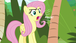 Size: 1920x1080 | Tagged: safe, derpibooru import, edit, edited screencap, screencap, angel bunny, fluttershy, pegasus, pony, she talks to angel, body swap, female, heck, mare, open mouth, solo, swearing, text