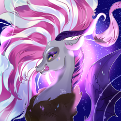 Size: 2000x2000 | Tagged: safe, artist:bunnari, oc, oc only, oc:pandora, draconequus, hybrid, bust, draconequus oc, flowing mane, gift art, interspecies offspring, looking at you, offspring, parent:discord, parent:twilight sparkle, parents:discolight, profile, solo, tongue out