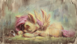 Size: 1200x693 | Tagged: safe, artist:assasinmonkey, derpibooru import, angel bunny, fluttershy, pegasus, pony, rabbit, animal, duo, eyes closed, female, male, mare, prone, solo focus, spread wings, wings