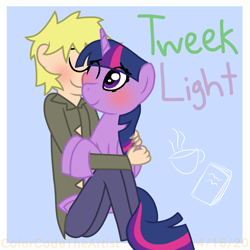 Size: 1536x1536 | Tagged: safe, artist:colorcodetheartist, derpibooru import, twilight sparkle, twilight sparkle (alicorn), alicorn, human, pony, age difference, blushing, crossover, crossover shipping, cuddling, female, interspecies, male, shipping, south park, straight, tweek tweak, tweeklight