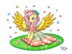 Size: 2480x1851 | Tagged: safe, artist:serenepony, derpibooru import, fluttershy, butterfly, pegasus, pony, clothes, dress, female, flower, hat, mare, simple background, sitting, solo, spread wings, sundress, traditional art, wings