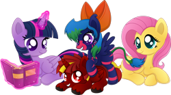 Size: 3282x1827 | Tagged: safe, artist:skunkdj, derpibooru import, fluttershy, twilight sparkle, twilight sparkle (alicorn), oc, oc:blackswan, oc:lobo, alicorn, earth pony, hybrid, pegasus, pony, book, interspecies offspring, magic, magical lesbian spawn, next generation, offspring, parent:discord, parent:fluttershy, parent:princess luna, parent:twilight sparkle, parents:discoshy, parents:twiluna, simple background, telekinesis, transparent background