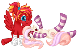 Size: 3002x1998 | Tagged: safe, artist:xbeautifuldreamerx, oc, oc:cuddle bug, oc:fire strike, earth pony, pegasus, pony, clothes, female, mare, simple background, socks, striped socks, transparent background