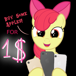 Size: 800x800 | Tagged: safe, artist:devfield, edit, apple bloom, earth pony, pony, accessories, adorabloom, apple (company), apple bloom's bow, applebetes, bow, bust, buy some apples, cellphone, cute, dialogue, female, filly, foal, hair bow, head tilt, holding, hoof hold, iphone, ipony, looking at you, open mouth, phone, product placement, pun, simple background, smartphone, smiling, smiling at you, solo, technology, text, transparent background, visual pun
