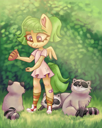 Size: 4000x5000 | Tagged: safe, artist:irinamar, oc, oc only, anthro, pegasus, plantigrade anthro, raccoon, anthro oc, blouse, bread, clothes, converse, cute, feeding, food, grass, outdoors, shoes, socks, watermark