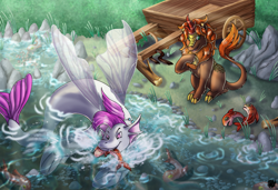 Size: 3475x2380 | Tagged: safe, artist:valyce-negative, oc, oc:nutmeg inferno, oc:reef skimmer, fish, hippogriff, kirin, seapony (g4), fanfic:expedition to cloudbreak islands, cart, detailed background, hippogriff oc, kirin oc, lake, swimming, wagon