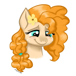 Size: 1024x1024 | Tagged: safe, artist:caulfieldsprice, pear butter, earth pony, pony, the perfect pear, blushing, buttercup, female, flower, flower in hair, freckles, heart, heart eyes, mare, smiling, solo, wingding eyes