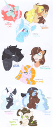 Size: 2550x6085 | Tagged: safe, artist:frozensoulpony, oc, oc only, oc:berry brown, oc:bruce, oc:curtain call, oc:flambé, oc:jonagold, oc:midnight snack, oc:minolta grandeur, oc:mint chiffon, oc:morfeo, hybrid, mule, female, high res, magical lesbian spawn, male, mare, offspring, parent:applejack, parent:flash sentry, parent:rarity, parent:sunset shimmer, parent:twilight sparkle, parents:flashlightshimmer, parents:rarijack, stallion, traditional art