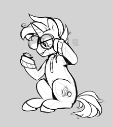 Size: 585x656 | Tagged: safe, artist:goodmode, sunburst, pony, unicorn, alternate design, alternate universe, gray background, grayscale, male, monochrome, simple background, sitting, stallion