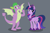 Size: 1876x1248 | Tagged: safe, artist:varwing, derpibooru import, spike, twilight sparkle, twilight sparkle (alicorn), alicorn, dragon, pony, crown, female, gray background, jewelry, male, older, regalia, simple background, winged spike