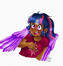 Size: 1966x2048 | Tagged: safe, artist:heveagoodday, derpibooru import, twilight sparkle, twilight sparkle (alicorn), alicorn, human, bust, clothes, cutie mark, cutie mark on clothes, dark skin, female, humanized, magic, magic circle, scared, shirt, solo, t-shirt, winged humanization, wings