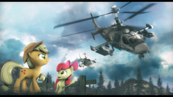 Size: 2920x1642 | Tagged: safe, artist:mister-karter, derpibooru import, apple bloom, applejack, earth pony, pony, 3d, attack helicopter, helicopter, kamov ka-52, source filmmaker