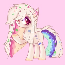 Size: 1920x1920 | Tagged: safe, artist:lazuli, artist:nightingalewolfie, oc, oc only, oc:may, earth pony, pony, deviantart watermark, female, mare, obtrusive watermark, pink background, simple background, solo, watermark