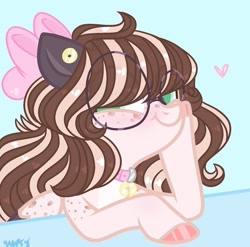 Size: 1080x1069 | Tagged: safe, artist:im_insanex, oc, oc only, oc:star bunny, pegasus, pony, bow, cheek squish, collar, female, glasses, hair bow, heart, hoof polish, mare, pegasus oc, smiling, solo, squishy cheeks