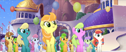 Size: 1920x808 | Tagged: safe, screencap, cantaloupe (character), cornsilk, dawn sunrays, nougat praliné, earth pony, pony, unicorn, my little pony: the movie, background pony, balloon, bow, canterlot, clones, confetti, female, friendship festival, group, hair bow, hairclip, marching, mare, singing, unnamed character, unnamed pony, we got this together