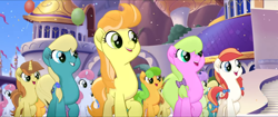 Size: 1920x808 | Tagged: safe, screencap, cantaloupe (character), cornsilk, dawn sunrays, nougat praliné, earth pony, pony, unicorn, my little pony: the movie, background pony, balloon, bow, canterlot, clones, confetti, female, friendship festival, group, hair bow, hairclip, marching, mare, raised hoof, singing, unnamed character, unnamed pony, we got this together