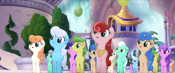 Size: 1920x808 | Tagged: safe, screencap, linky, shoeshine, earth pony, pony, unicorn, my little pony: the movie, background pony, balloon, canterlot, clones, confetti, female, friendship festival, group, male, marching, mare, neckerchief, singing, stallion, toadstool blossom, unnamed character, unnamed pony, waterfall, we got this together